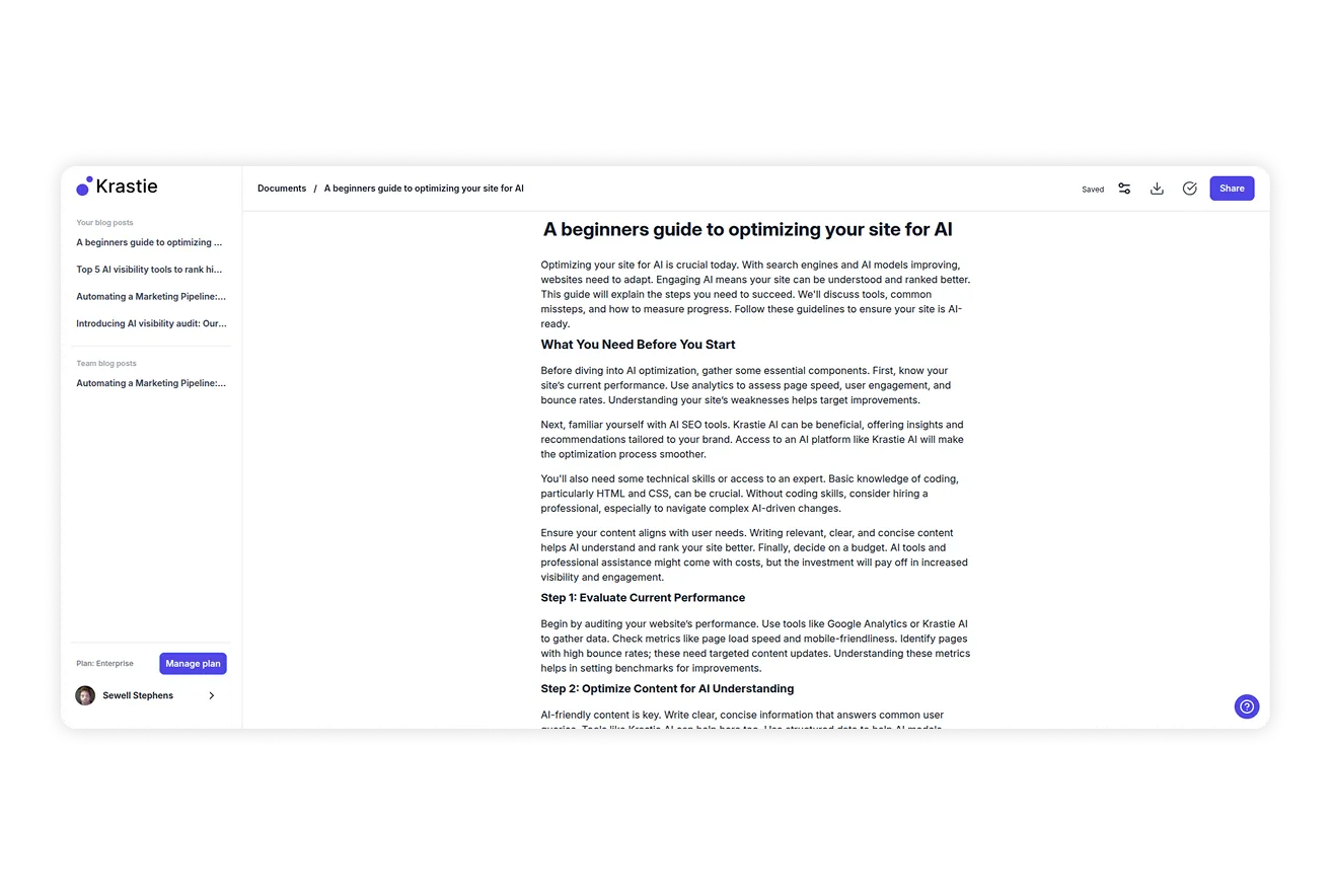 AI content editor showing an optimized blog post