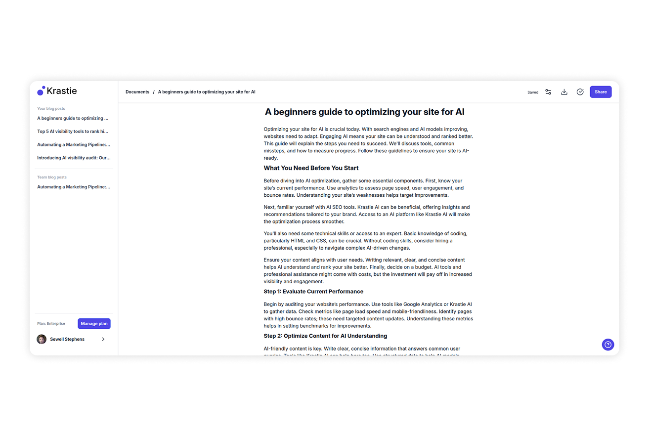 AI content editor showing an optimized blog post